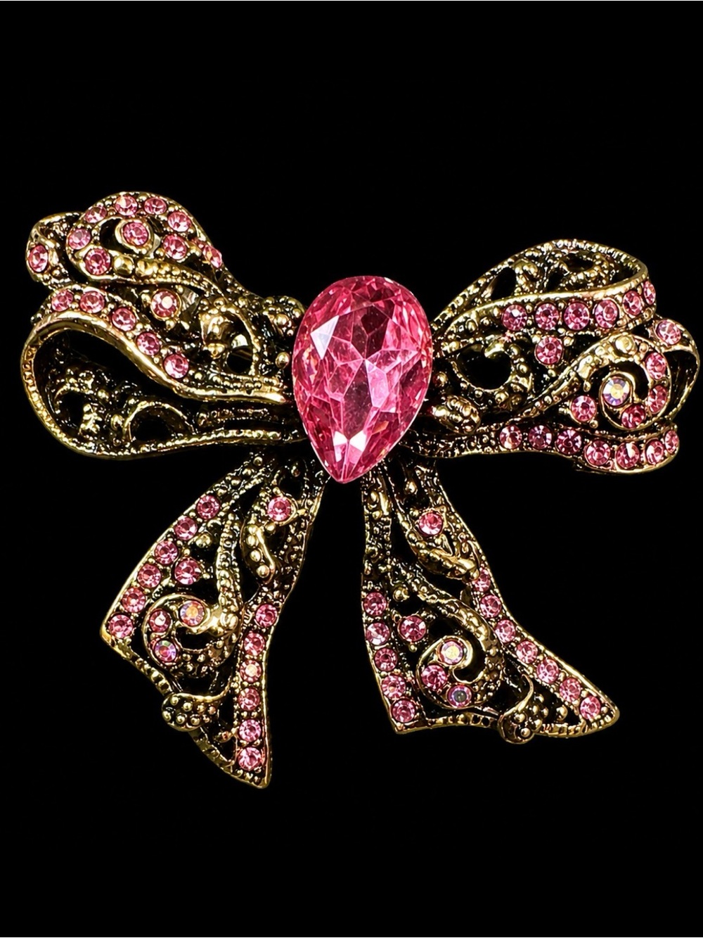 Pink Crystal Bow Pin Brooch - Sparkling Pink Ribbon Accent